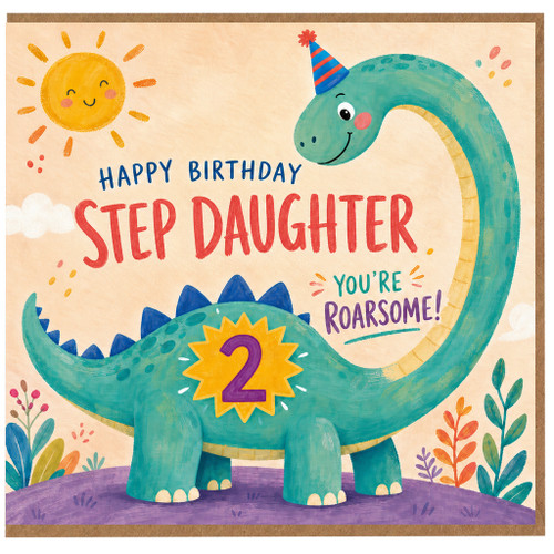 2nd Birthday Card for Step Daughter, Roarsome Dinosaur Birthday Card