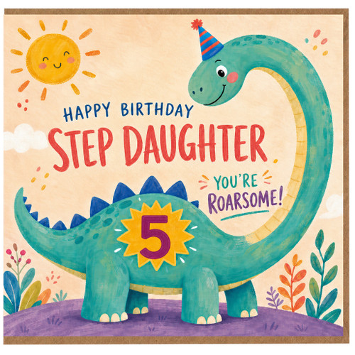 5th Birthday Card for Step Daughter, Cute Dinosaur Happy Birthday Card