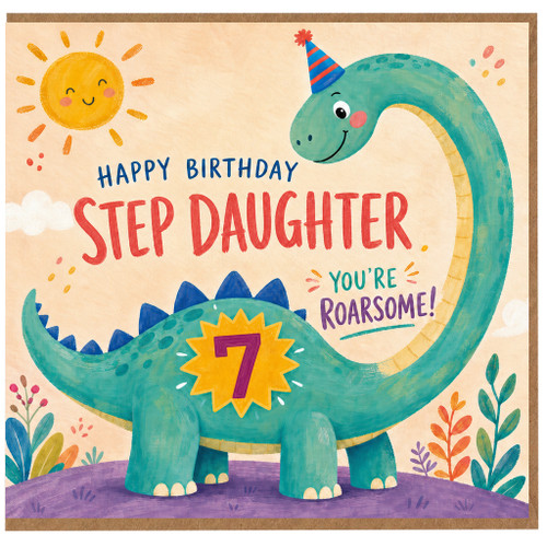 7th Birthday Card for Step Daughter, Roarsome Dinosaur Birthday Card