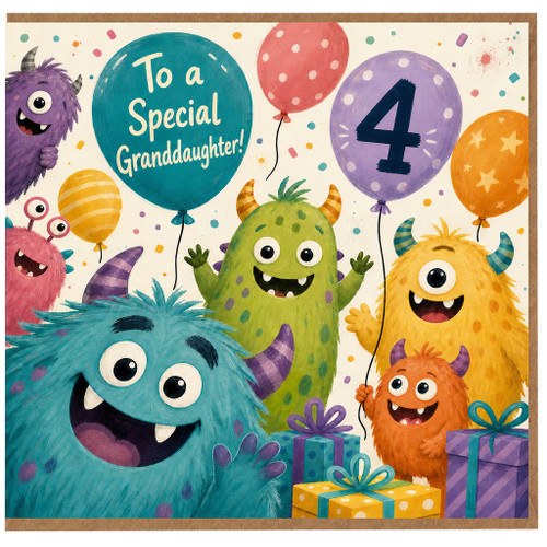 4th Birthday Card for Granddaughter, To a Special Granddaughter Cute Monster Design