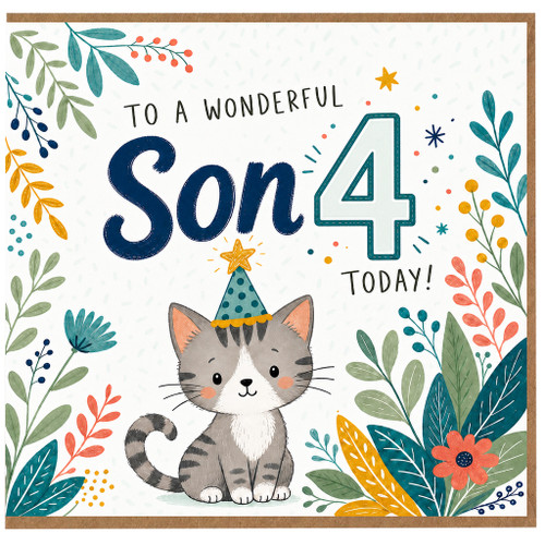 Son 4th Birthday Card, Cute Cat Party Hat Birthday Card