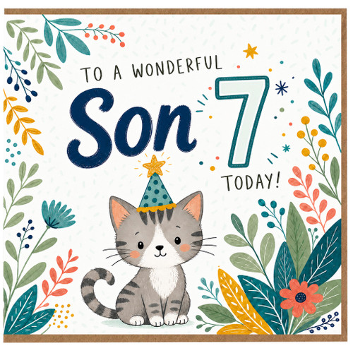 7th Birthday Card for Son Cute Cat Design