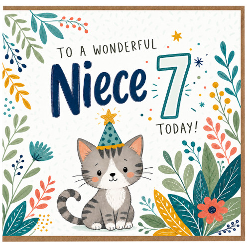 Niece 7th Birthday Card, Cute Kitten Party Hat Design