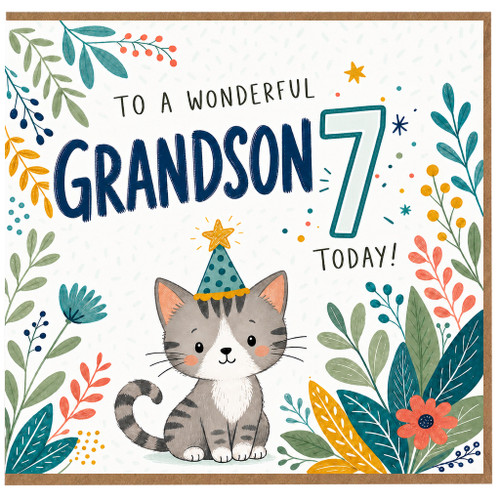 Grandson 7th Birthday Card - To a Wonderful Grandson 7 Today Cute Cat Design