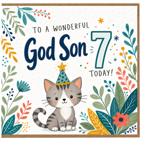 God Son 7th Birthday Card, To a Wonderful God Son 7 Today, Cute Cat Party Card
