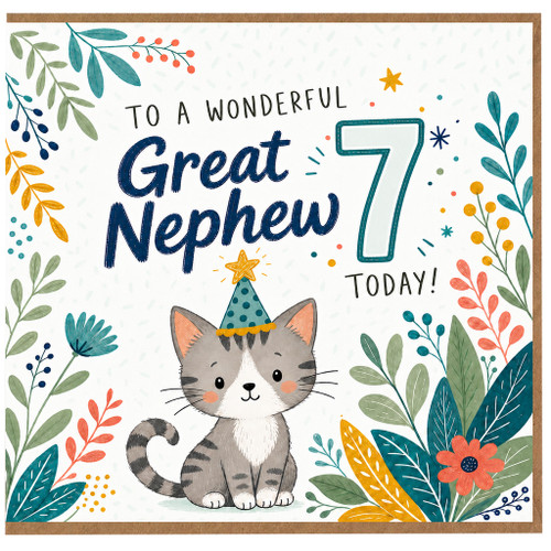 Great Nephew 7th Birthday Card, Cute Cat Party Card