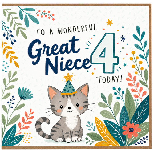 4th Birthday Card for Great Niece Cute Kitten Party Design