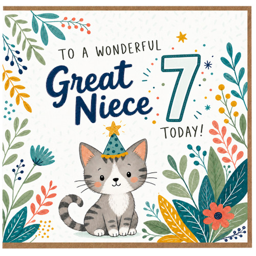 Great Niece 7th Birthday Card, To a Wonderful Great Niece 7 Today Kitten Design