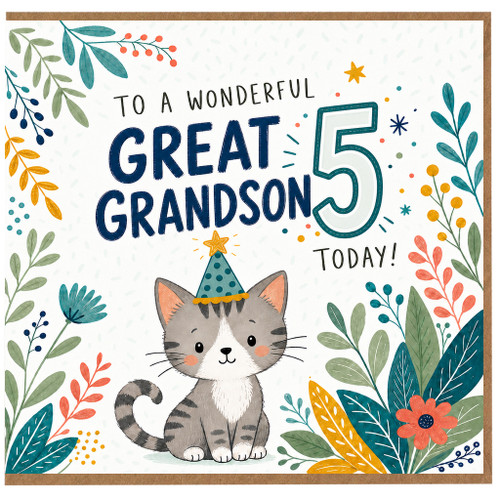 5th Birthday Card for Great Grandson, Cute Kitten Birthday Card