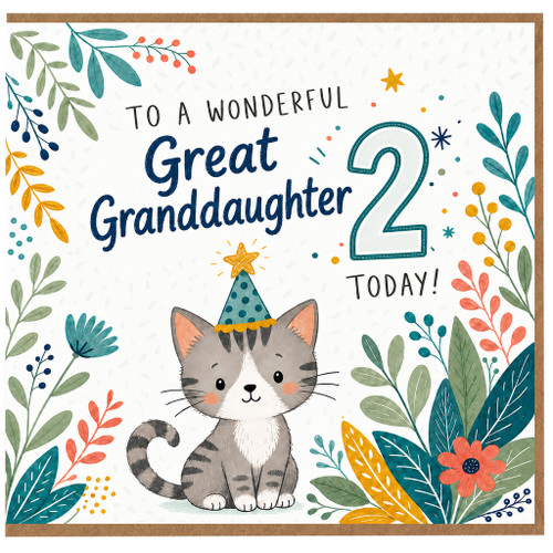 2nd Birthday Card for Great Granddaughter, Cute Cat Party Card