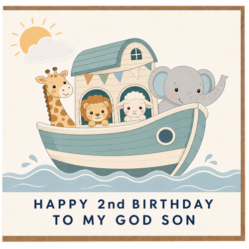 God Son 2nd Birthday Card, Cute Noah's Ark Animal Birthday Card