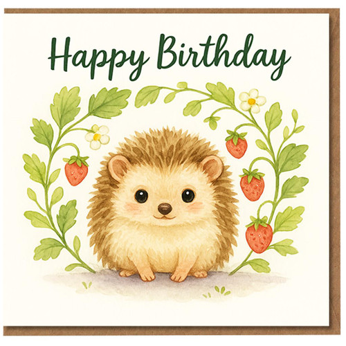 Cute Hedgehog Happy Birthday Card - Watercolour Woodland Strawberries Design for Animal Lovers, Kids and Adults