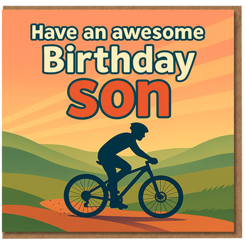 Have an Awesome Birthday Son Cycling Card - Mountain Bike Silhouette at Sunset over Rolling Hills - For Sporty, Outdoorsy Boys