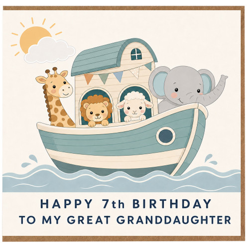 7th Birthday Card for Great Granddaughter, Cute Noah's Ark Animal Card