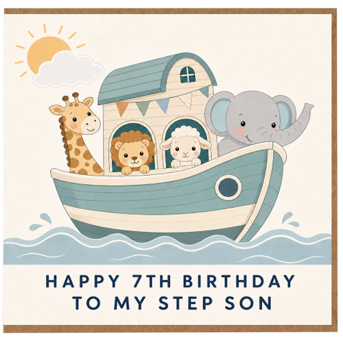 7th Birthday Card for Step Son, Cute Noah’s Ark Animal Birthday Card