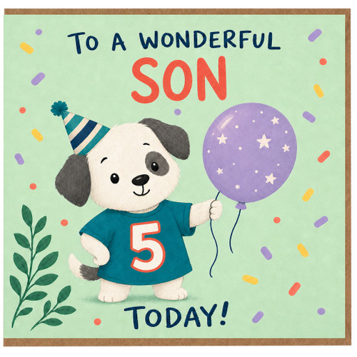 Son 5th Birthday Card, Cute Puppy Party Card for Son