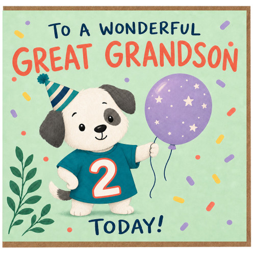 2nd Birthday Card for Great Grandson, Cute Puppy Party Card