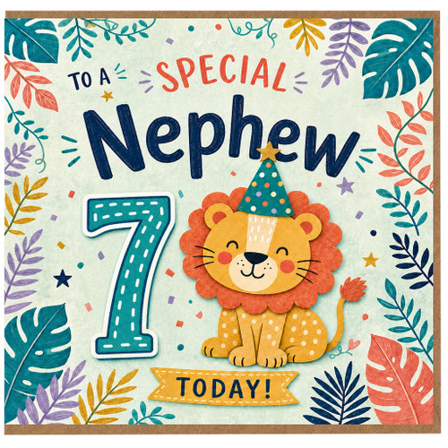 Nephew 7th Birthday Card, To a Special Nephew 7 Today, Cute Lion Party Card