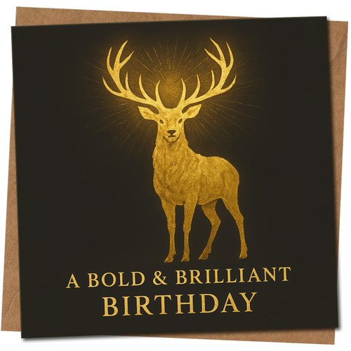 Bold & Brilliant Birthday Stag Card - Gold Stag on Black - 145mm x 145mm - Elegant Birthday Card, Includes Kraft Envelope