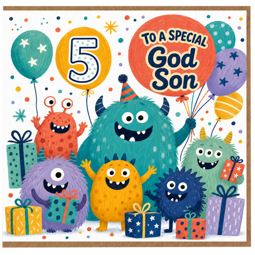 5th Birthday Card for God Son, Special Monsters and Balloons Birthday Card