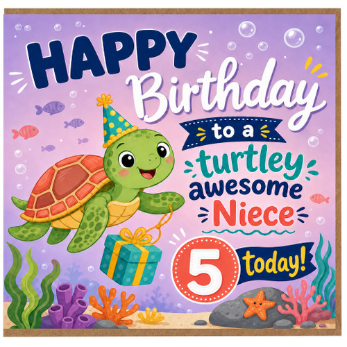 Niece 5th Birthday Card, Turtle Birthday Card