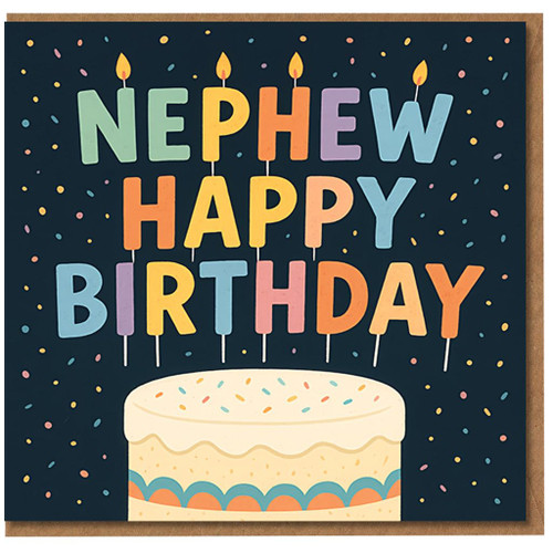 Nephew Birthday Card - Colourful Letter Candle Design with Cake & Confetti - Happy Birthday Nephew
