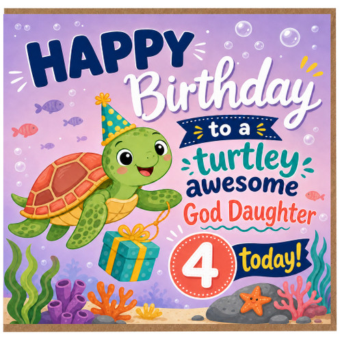 God Daughter 4th Birthday Card, Turtlely Awesome Birthday Card