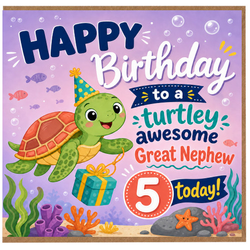 5th Birthday Card for Great Nephew, Cute Turtle Birthday Card, 5 Today