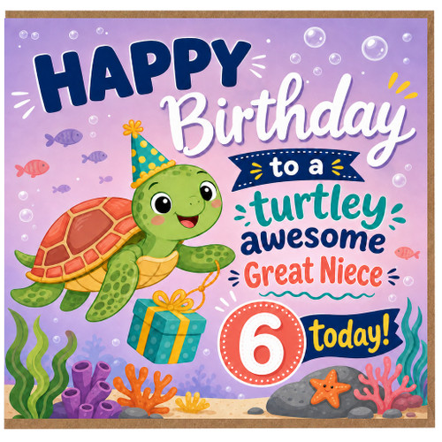 Great Niece 6th Birthday Card, Turtle Birthday Card for Great Niece