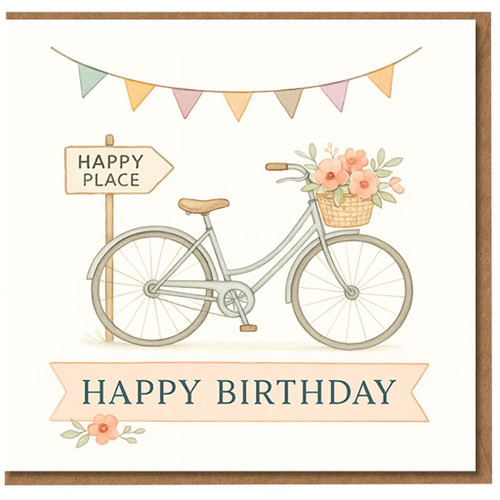 Happy Birthday Card - Bicycle with Flower Basket, Bunting and 'Happy Place' Sign - Cute Pastel Cycling Design for Friends and Family