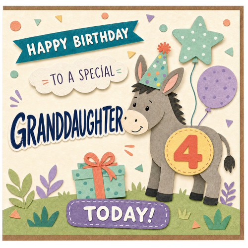 Granddaughter 4th Birthday Card, Happy Birthday To a Special Granddaughter, Cute Donkey Party Card