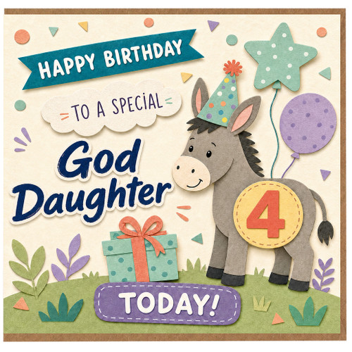 4th Birthday Card for God Daughter, Cute Donkey Birthday Card