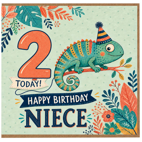 Niece 2nd Birthday Card, Dinosaur Chameleon Happy Birthday Card