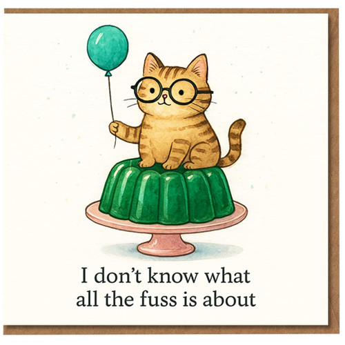Funny Cat Birthday Card - Tabby in Glasses on Jelly with Balloon - ‘I don’t know what all the fuss is about’