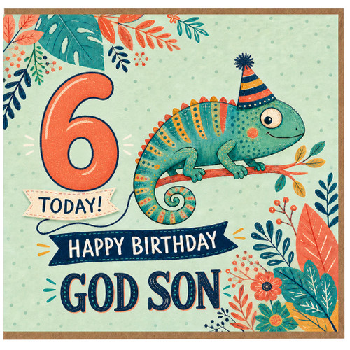 God Son 6th Birthday Card, 6 Today Happy Birthday Chameleon Design