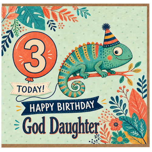 3rd Birthday Card for God Daughter, Happy Birthday Chameleon Card