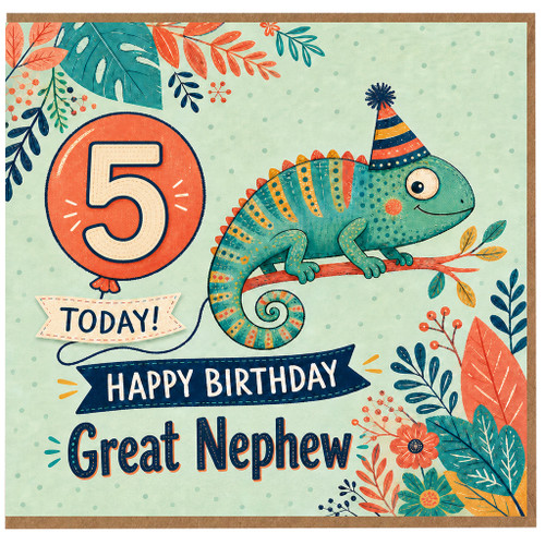 5th Birthday Card for Great Nephew, Happy Birthday Today Chameleon Party Design