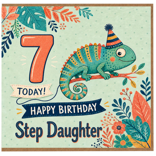 7th Birthday Card for Step Daughter, Happy Birthday Chameleon Card