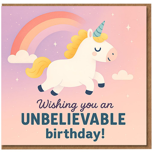 Unicorn Rainbow Birthday Card - 'Wishing You an UNBELIEVABLE Birthday' Cute Pastel Unicorn, Clouds and Rainbow Design