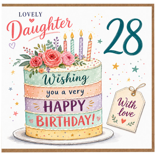 28th Birthday Card for Daughter, Lovely Floral Cake Happy Birthday Card
