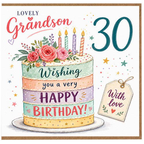 Grandson 30th Birthday Card, Lovely Grandson Happy Birthday Floral Cake Card