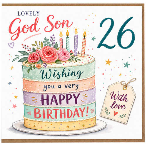 God Son 26th Birthday Card, Lovely Happy Birthday With Love Cake Design