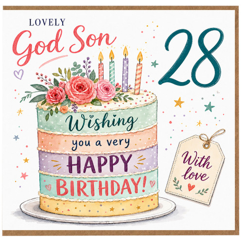 28th Birthday Card for Son, Lovely God Son Happy Birthday Cake Card With Love