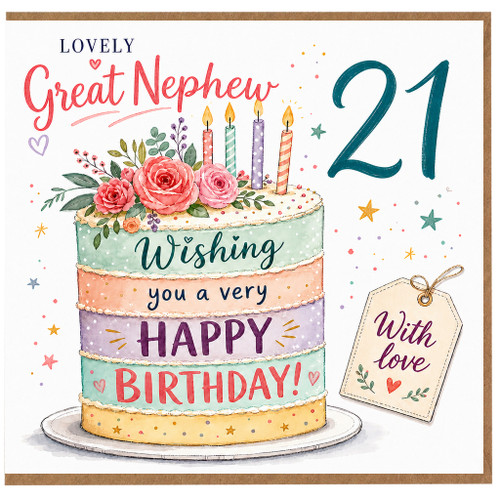 Great Nephew 21st Birthday Card, Lovely 21 Birthday Card with Floral Cake Design