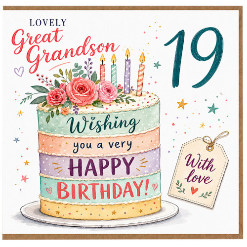 Grandson 19th Birthday Card, Lovely Great Grandson Birthday Card with Cake and Flowers