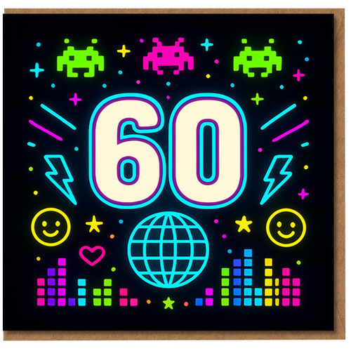 60th Birthday Card - Neon Retro Arcade and Disco Theme, Bright Colourful 60 Milestone Celebration Card