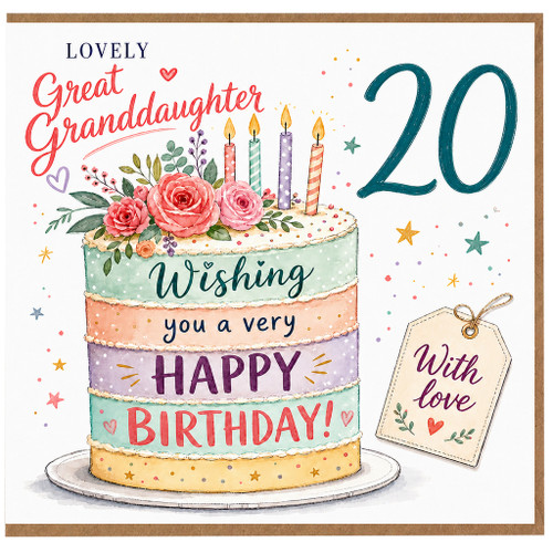Great Granddaughter 20th Birthday Card, Lovely Happy Birthday Cake Design