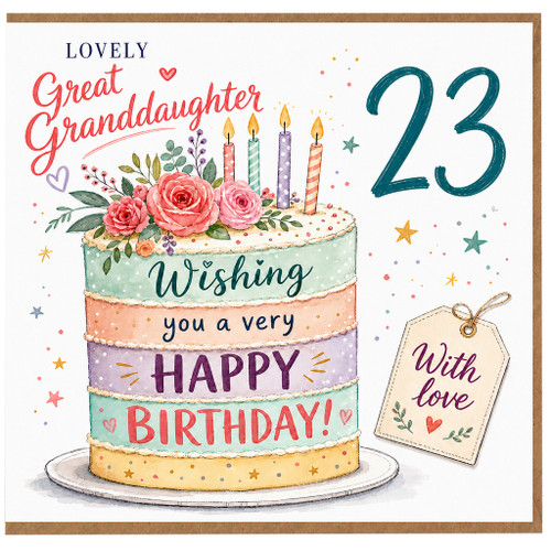 23rd Birthday Card for Great Granddaughter - Lovely Birthday Cake Design