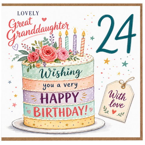 24th Birthday Card for Great Granddaughter, Lovely Birthday Cake Design