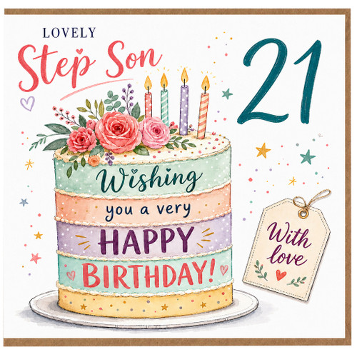 Step Son 21st Birthday Card, Lovely Happy Birthday Cake Design